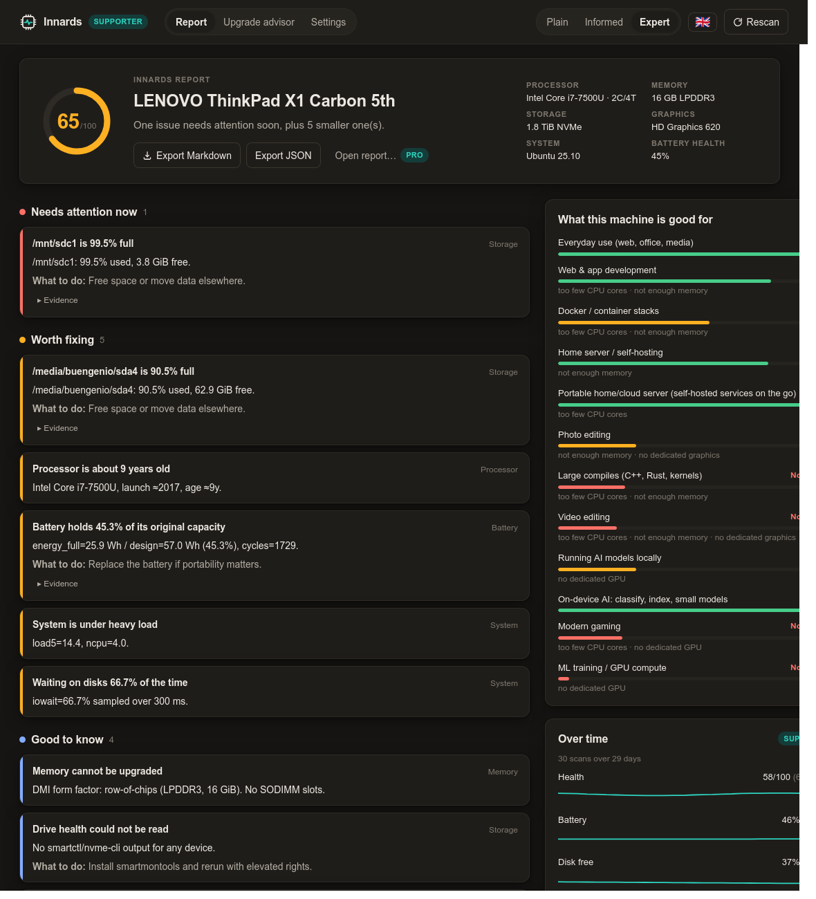 Same report at the expert level, dark theme, evidence toggles